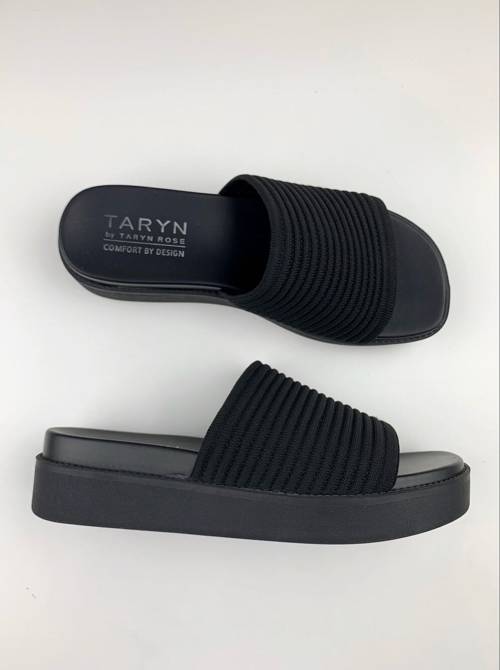 Taryn by Taryn Rose Rozie Slides Sandals Black Ribbed Knit Platform Women's 8